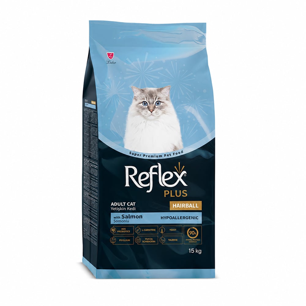 Сухий корм для котів, що живуть у приміщенні Reflex Plus Hairball &amp; Indoor для виведення шерсті, з лососем, 15 кг